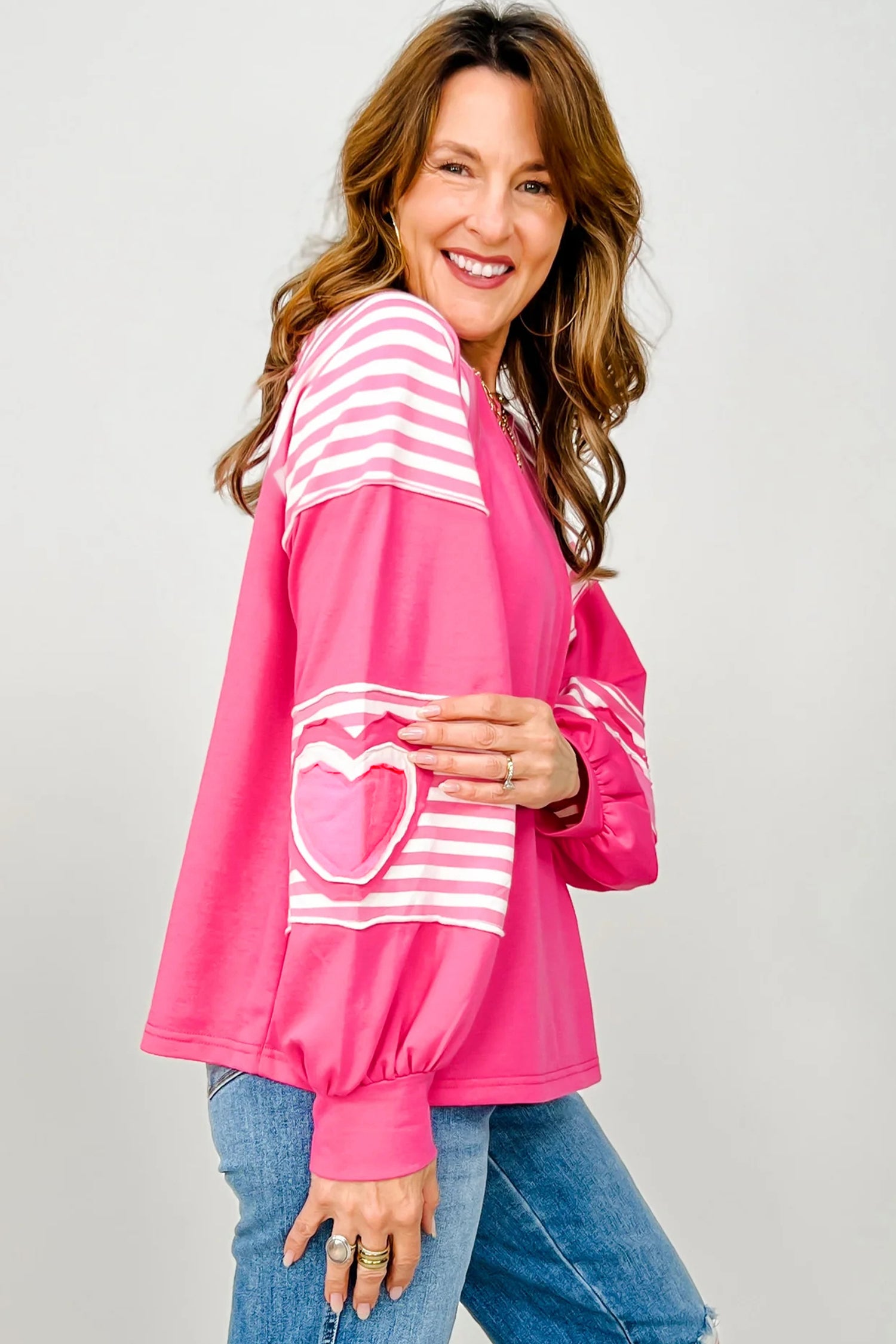 Strawberry Pink Heart Shape Striped Patchwork Long Sleeve Loose Top 5491389663d17990