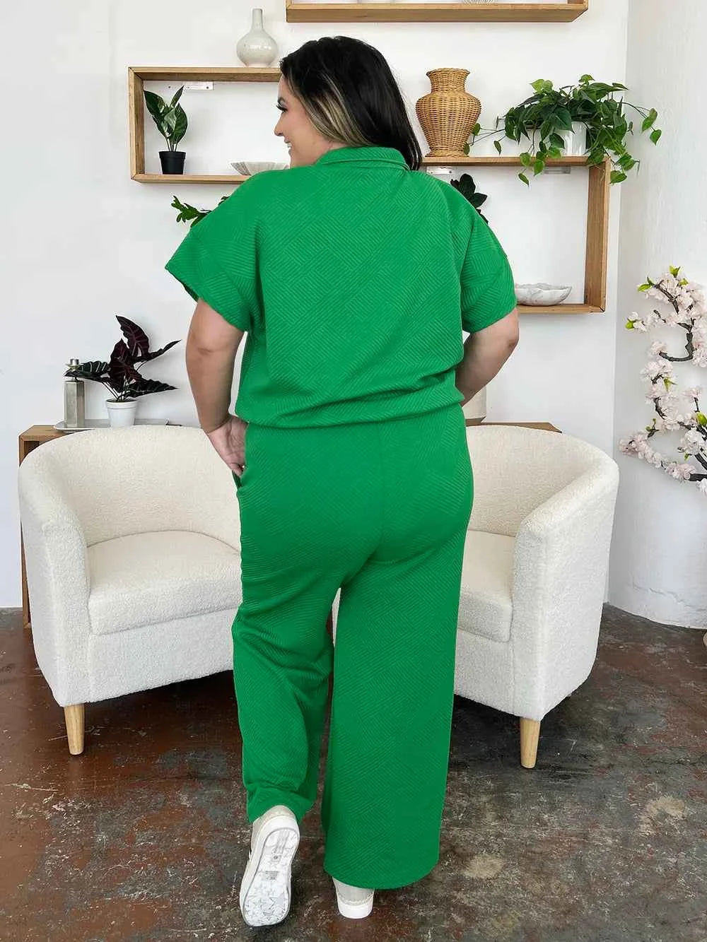 Double Take Full Size Texture Half Zip Short Sleeve Top and Pants Set 54913eb4-85d7-455a-855c-f8c16236eaaf-Max