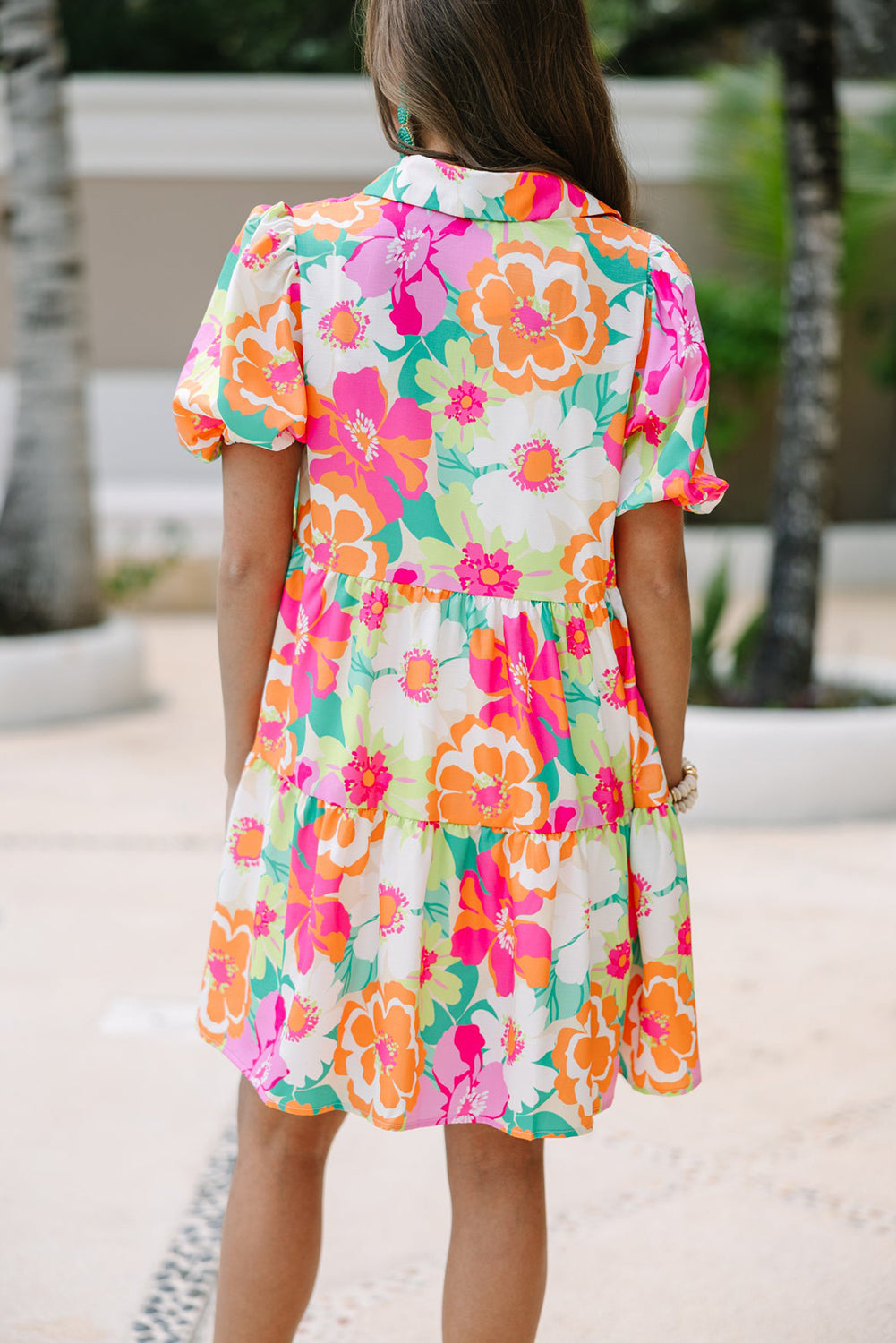 Pink Floral Puff Sleeve Collar Buttoned Babydoll Dress 5494ed59a3a1536d