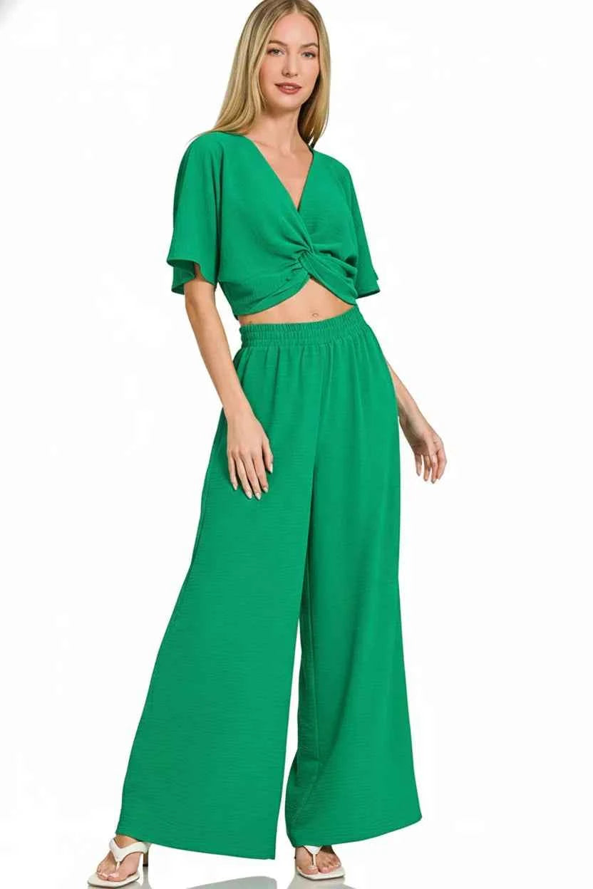 Zenana Woven Airflow Twisted Top & Wide Leg Pants Set 54994c44-acbb-44ad-80c2-3fc7389d1b6e-Max-Origin