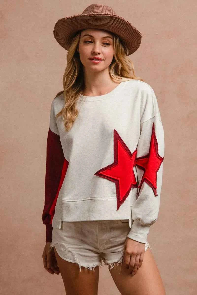 BiBi Star Patch And Spliced Hemline French Terry Long Sleeve Sweatshirt 5499cdefcb574c9a9cdd79ce799a867f-Max-Origin