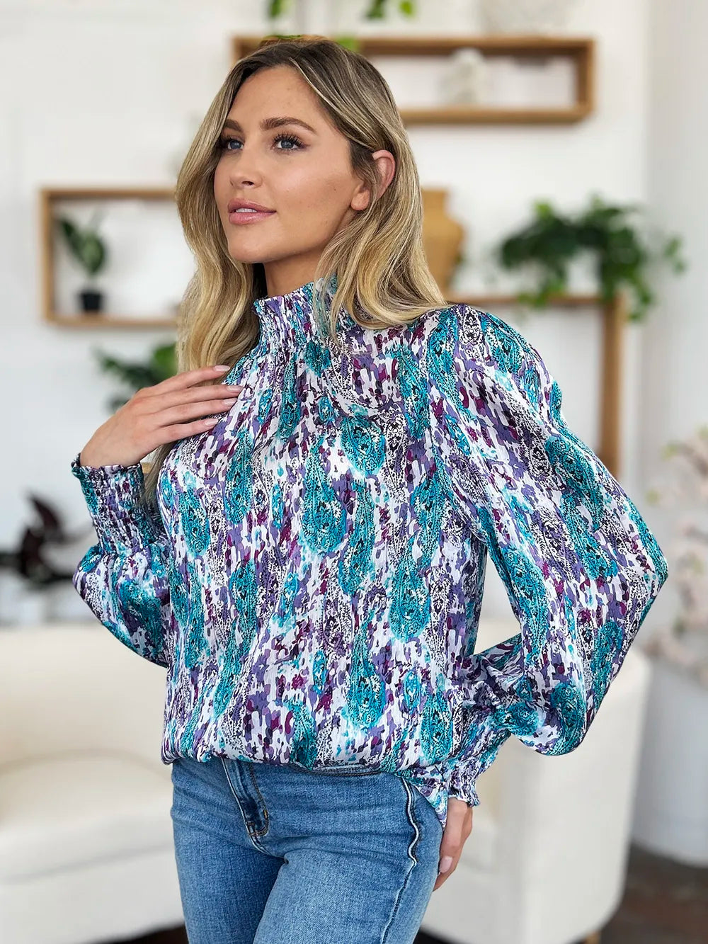 Double Take Full Size Printed Smocked Long Sleeve Blouse 54a12eda-5d1d-4673-9957-1a6d744614c4-Max