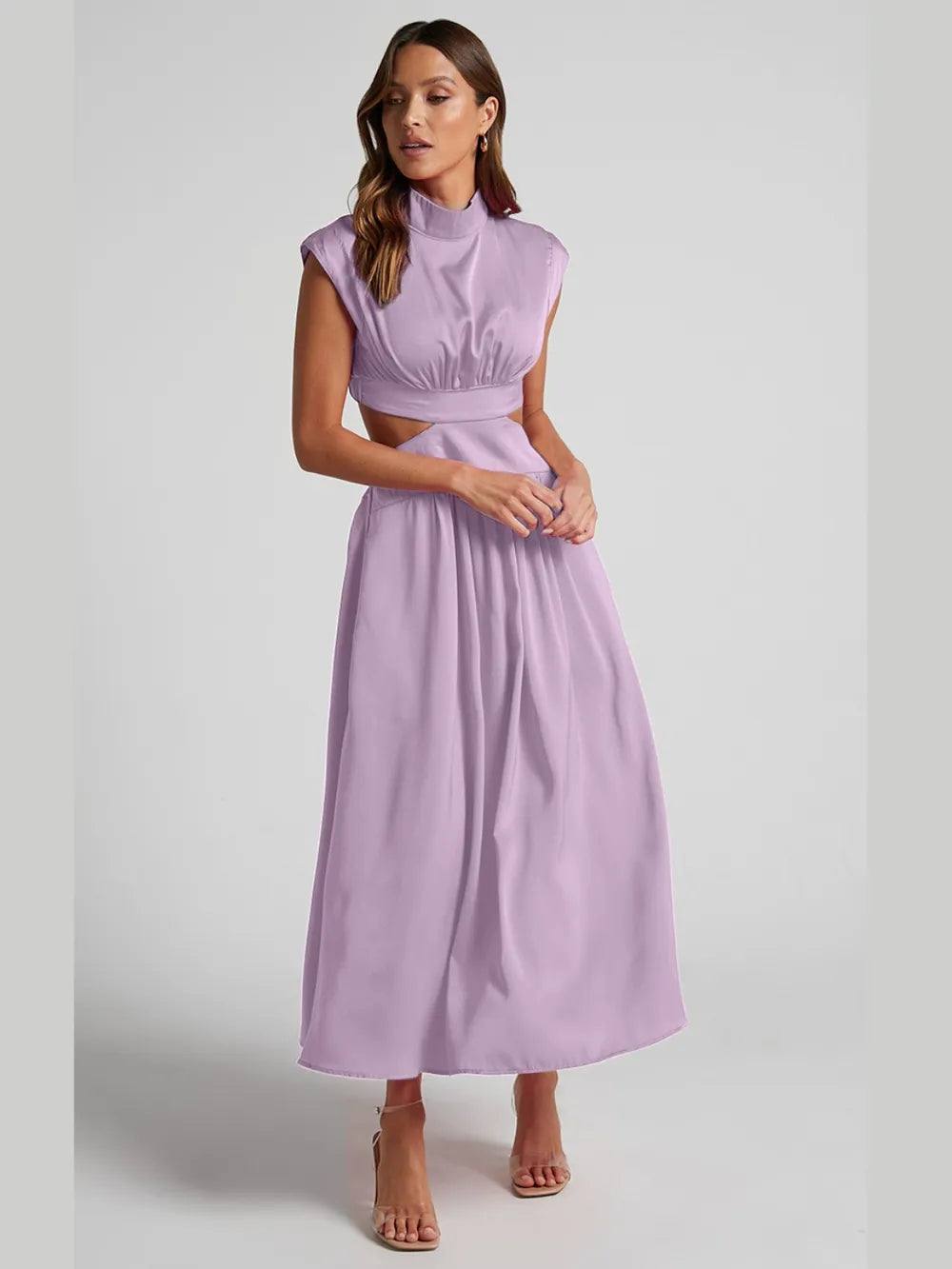 Cutout Mock Neck Sleeveless Ruched Dress Lavender 54a2b35d-4cf9-4396-950a-73964bce50eb-Max