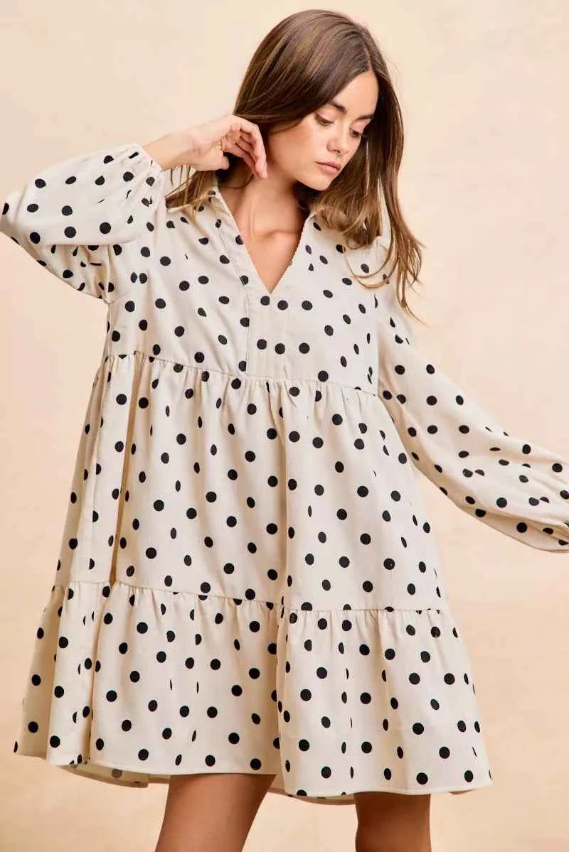 BiBi Polka Dot Corduroy Collared V Neck Dress 54aa97fc5f6a4d0594ff51817ed0b5f3-Max-Origin
