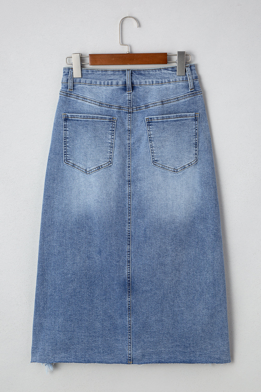 Myosotis Irregular Distressed Hem Denim Midi Skirt 54acc2946828e796