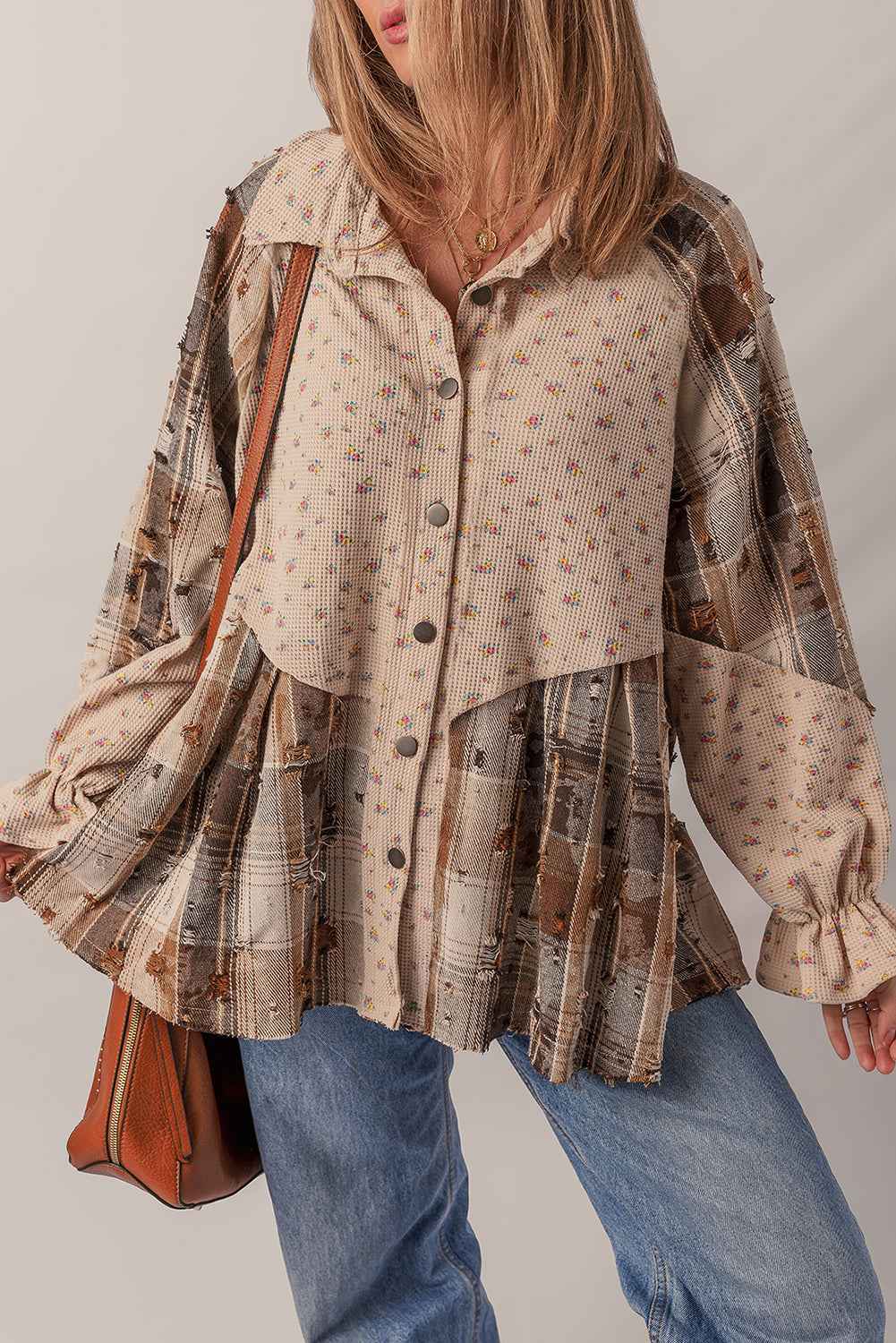 Ashleigh Blue Floral Plaid Patchwork Waffle Distressed Jacket Oatmeal 100%Polyester 54b10912d765fb5c