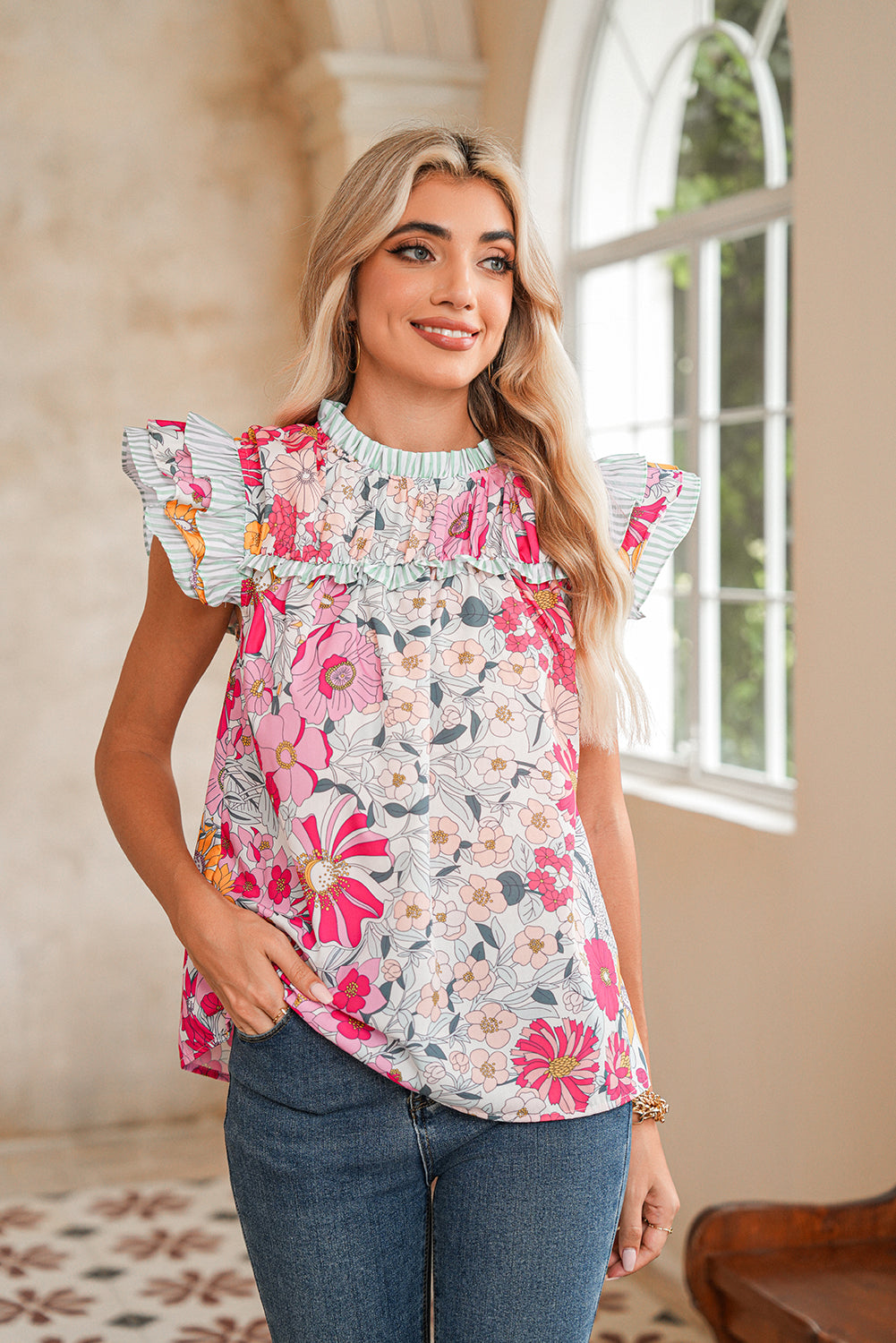 Pink Floral Print Ruffle Trim Pleated Boho Blouse 54b5593c280514ea