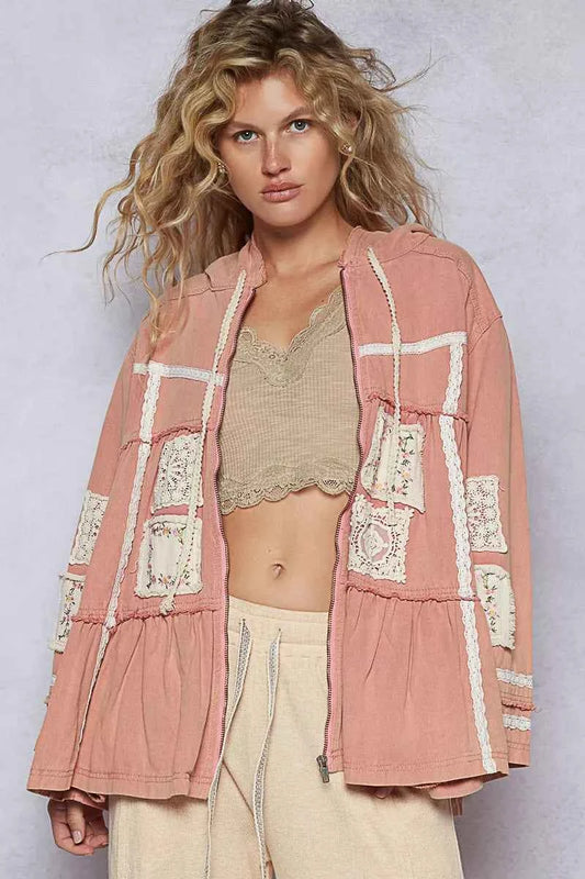 POL Embroidered Patch Hooded Jacket with Lace Detail DUSTY PINK 54b815a0-7502-4c99-bb44-8840e1613630-Max-Origin
