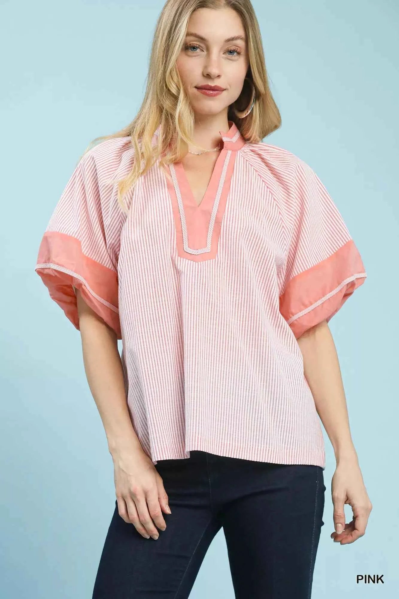 Umgee Striped Mixed Puff Sleeve Blouse Pink 54b927e3-f4f0-4867-ba44-c865bcfac794-Max-Origin