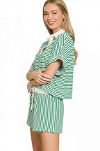 Zenana Striped Collared Top & Shorts Set 54bb838b-58dc-451a-817c-1f57625f1430-Max-Origin