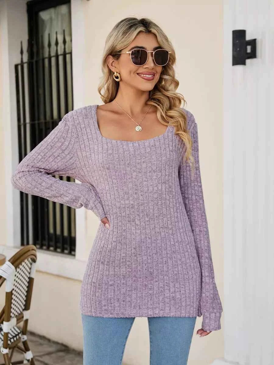 Ribbed Square Neck Long Sleeve T-Shirt Lilac 54c054e3-b9b8-41e0-b8c0-e6cf23fb156f-Max-Origin