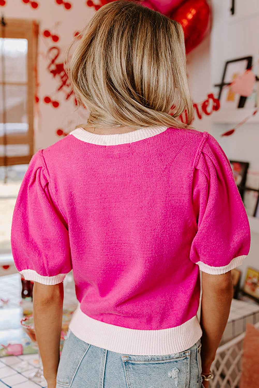 Bright Pink XOXO Embroidered Graphic Valentines Contrast Trim Crew Neck Short Puff Sleeve Sweater Tee 54c0f61b8eab0ae4