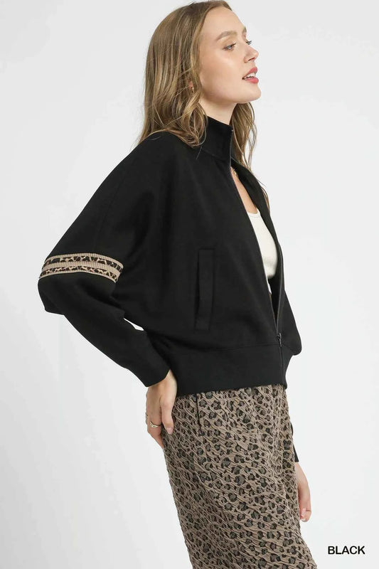 Zipper Up Cropped Jacket with Leopard Trim 54c1016e-e22b-4040-8e89-ff666362e15e-Max-Origin