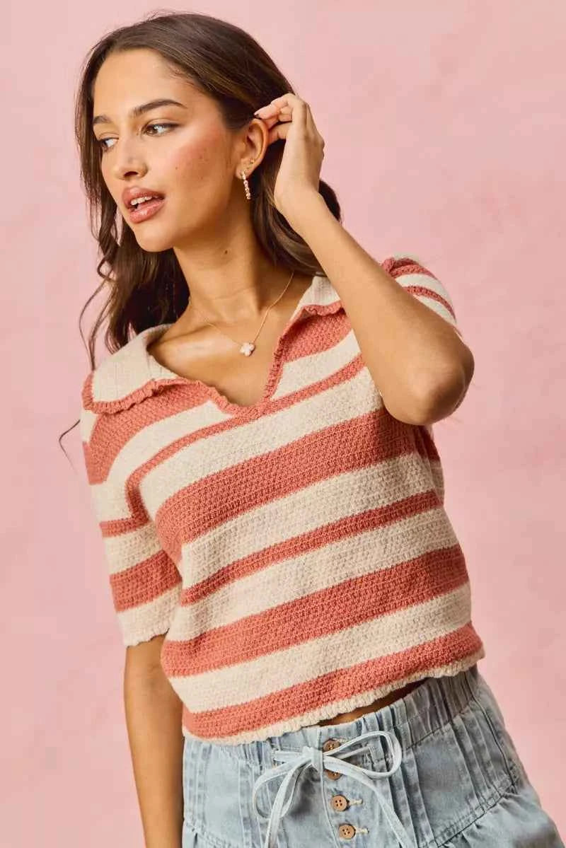 SO ME Stripe Short Sleeve Cropped Sweater CREAM PINK 54d08f3ea5784d7fa927cc8154311c17-Max-Origin