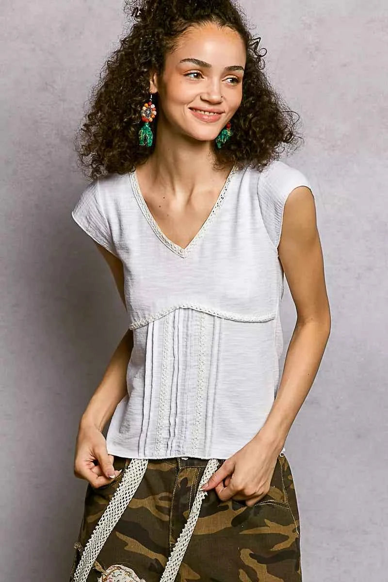 POL V-Neck Lightweight Textured Short Sleeve Knit Top with Lace Trim 54d42a37-c82d-4e24-9790-d7da9c03123b-Max-Origin