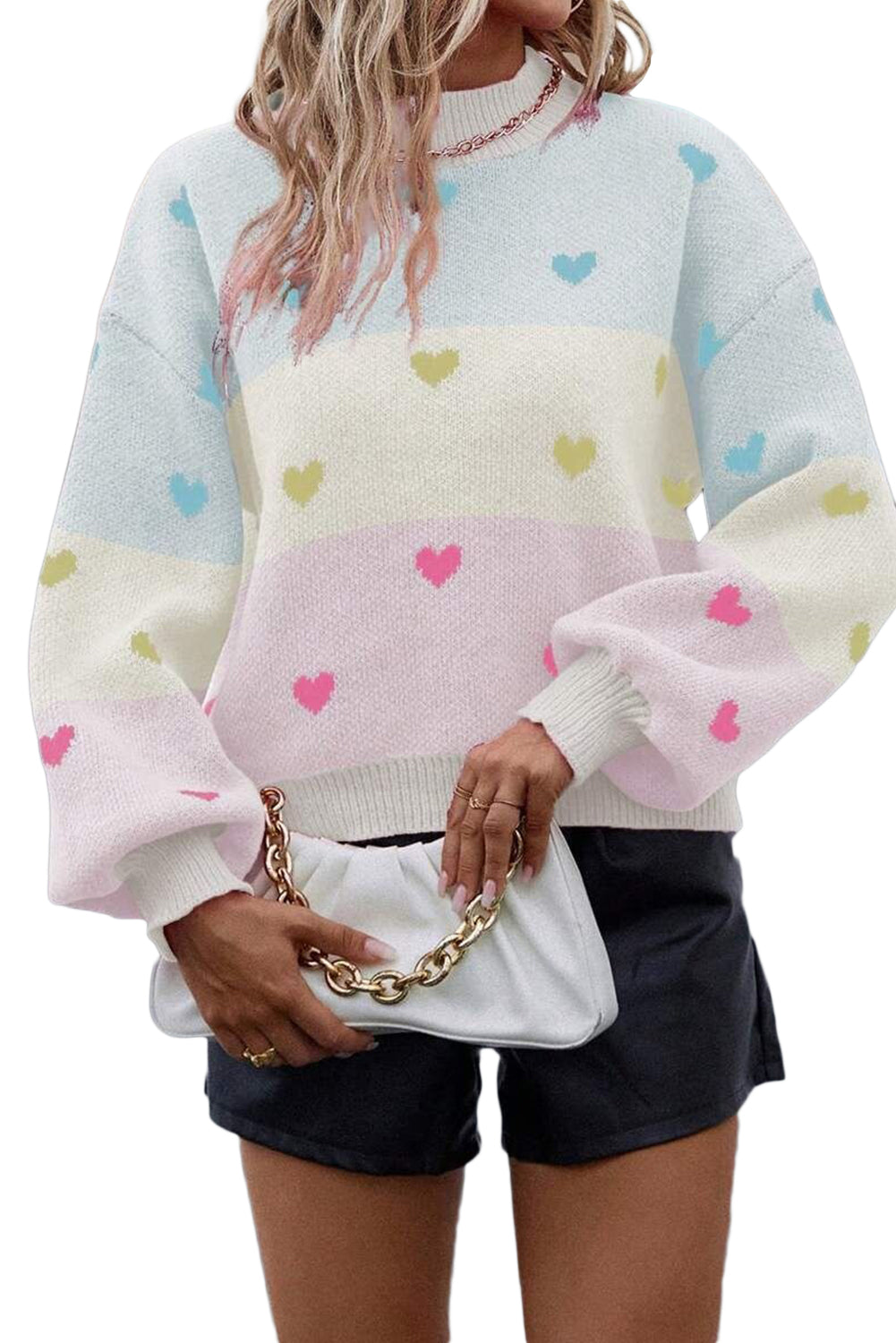 Multicolor Heart Pattern Colorblock High Neck Sweater 54dc4a40fa78ddb6