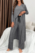 Dark Grey 3pcs V Neck T Shirt Ribbon Knot Pants Open Duster 3pcs Lounge Set Dark Grey 65%Polyester+30%Viscose+5%Elastane 54e1d69553db643f