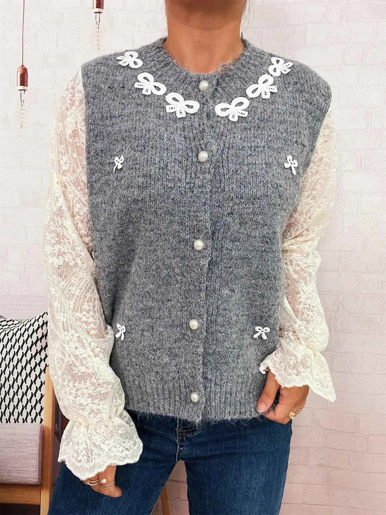 Lace Sleeve Button-Up Cardigan Gray One Size 54e2fd438d5241f0a2b1eb2deec89e58-Max-Origin