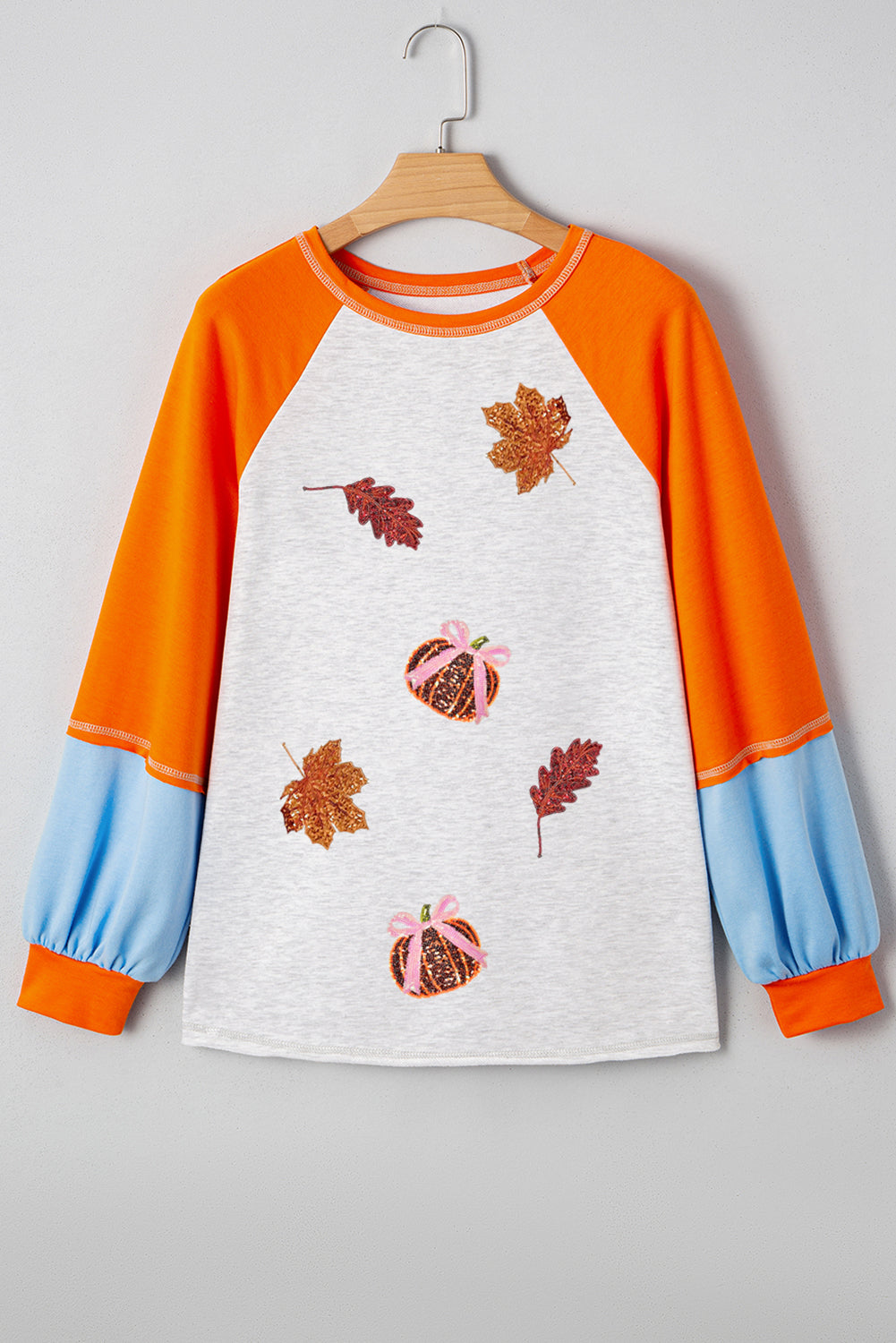 Light Grey Sequin Pumpkin Fall Elements Patched Patchwork Long Sleeve Top 54e3e0352cb09e5a