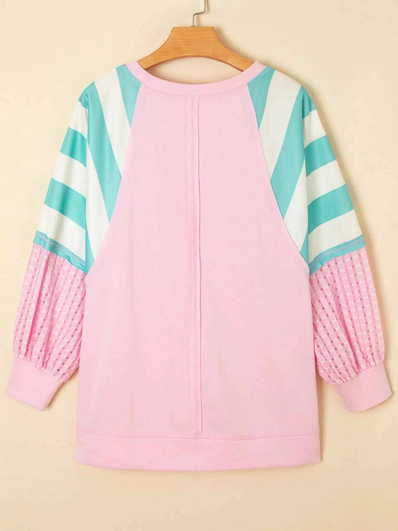 Striped Color Block Patchwork Raglan Sleeve Top with Slits 54e5ee5775d74a9289f4c4ed7f1bbb40-Max-Origin