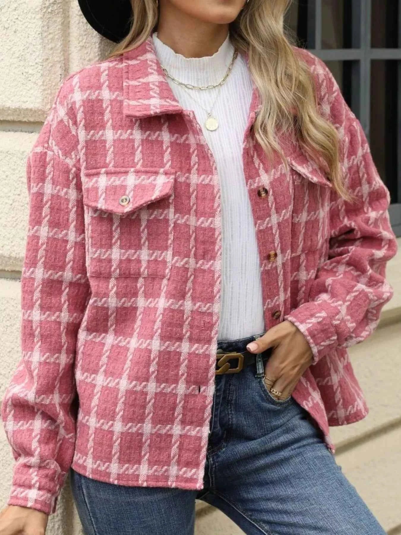 Plaid Button Up Long Sleeve Jacket Red 54ef124a-9d88-4ef0-9806-0014043bb323-Max-Origin