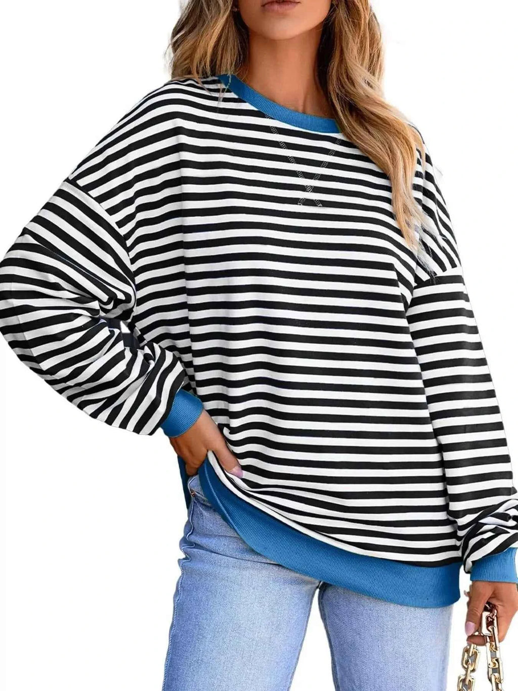 Striped Round Neck Dropped Shoulder Sweatshirt 54fbe698-97d7-4477-a578-4f1c0a13dbd2-Max-Origin