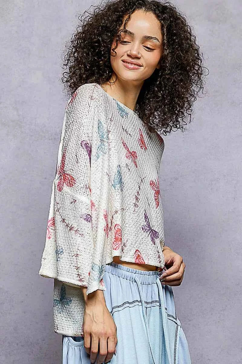 POL Butterflies Pattern Round Neck knit Top with Outseam Rolling Edge 54fe7671-3e35-423e-a7cd-6e432dbdea4e-Max-Origin