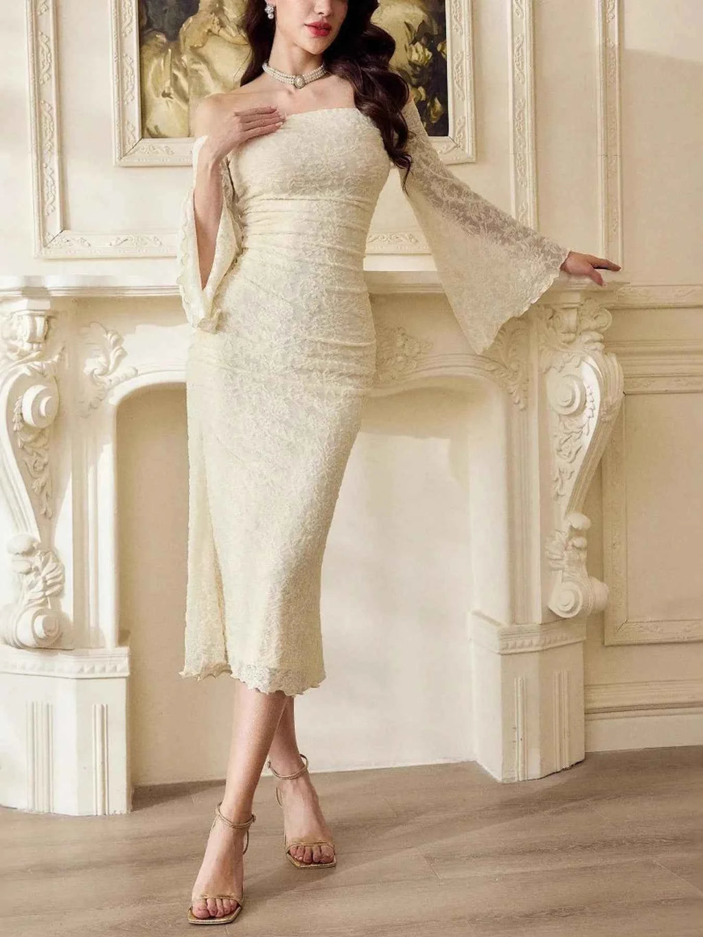 Off-Shoulder Flare Sleeve Dress Apricot 55058dd412c04be7bc643e9c896227ee-Max-Origin