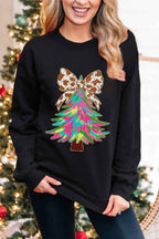 Black Shiny Bowknot Christmas Tree Graphic Heat Transfer Printing Round Neck Sweatshirt 55084e84fa0e82b6