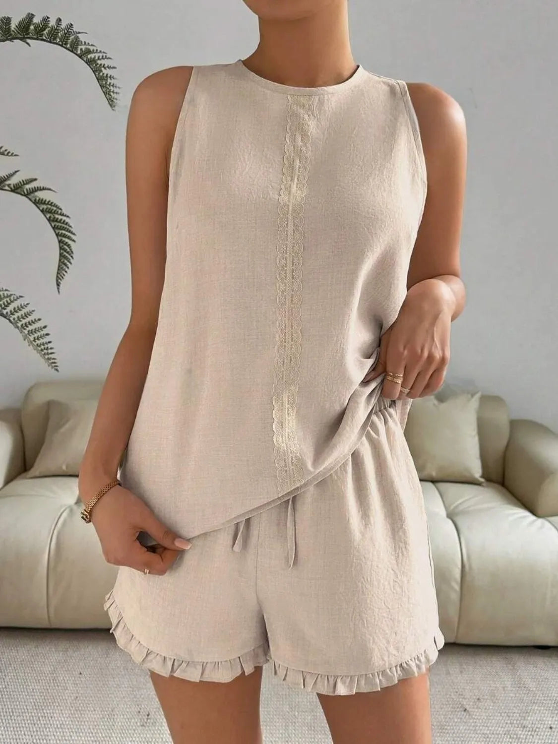 Lace Detail Round Neck Tank and Shorts Set Tan 550a6e8c-4901-49f0-a7c6-387d5bb1fbc6-Max-Origin