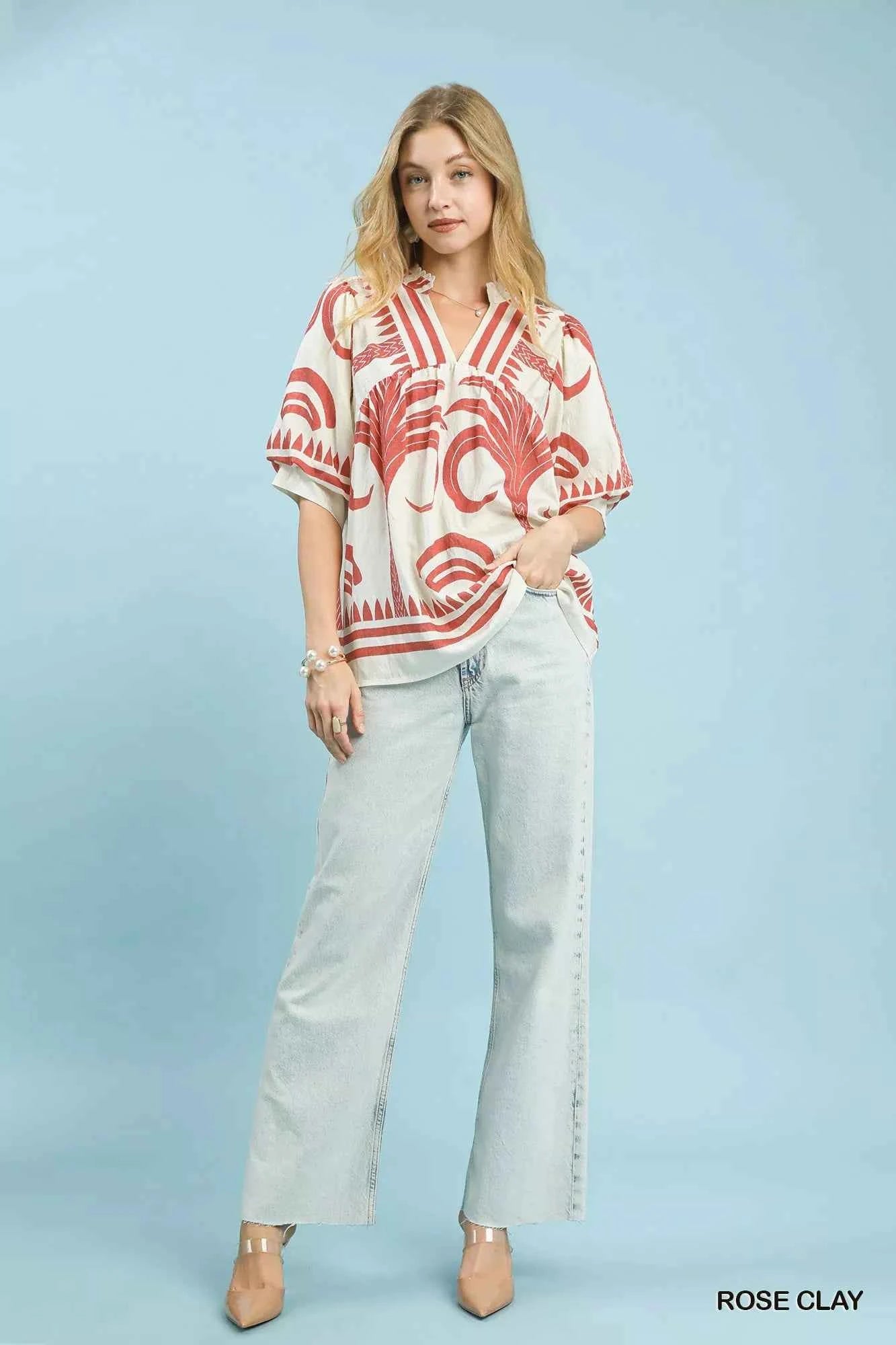 Umgee Folk Art Palm Print Puff Sleeve Blouse