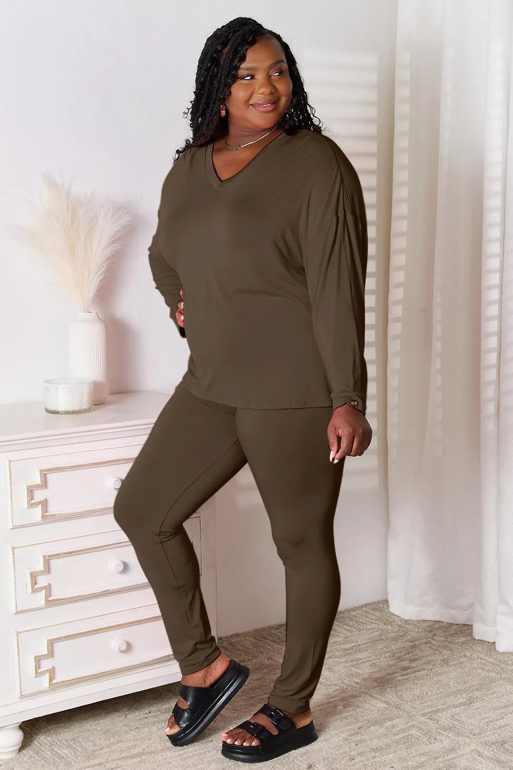 Basic Bae Bamboo Full Size V-Neck Long Sleeve Top and Pants Lounge Set 5511441e-317e-4c08-8784-50a2815c2ddc-Max