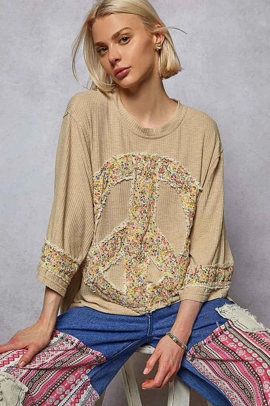 POL Floral Peace Patch Drop Shoulder T-Shirt Tan 5512fe0c-6421-479b-82b7-66062cf5477e-Max-Origin