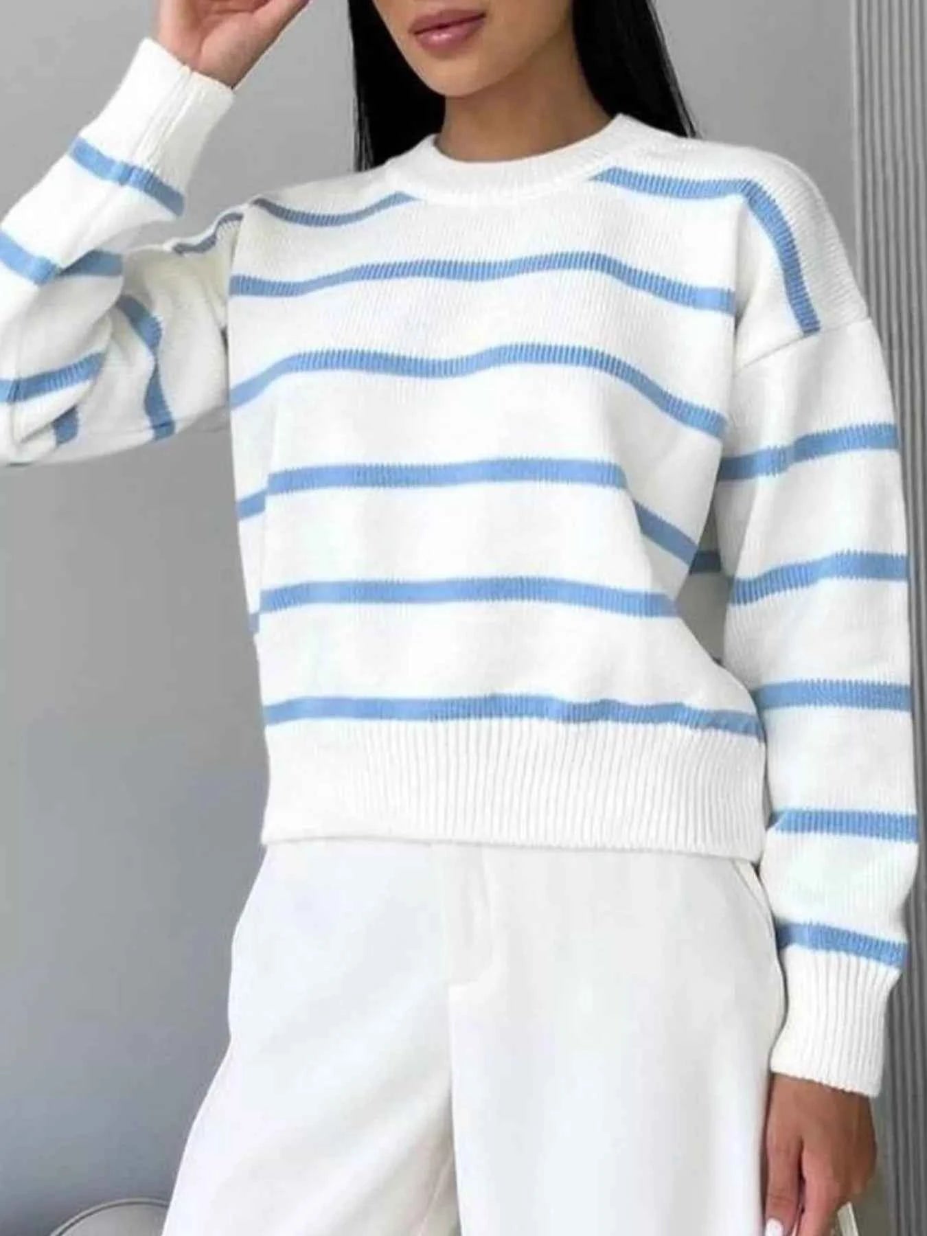 Striped Knit Round Neck Sweater Light Blue 55191904-e5e9-4eef-a6d6-b3ca3f914a16-Max-Origin