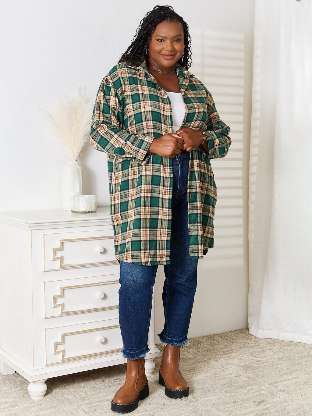 Mandy Plaid Collared Neck Long Sleeve Shirt 551bc40052434c93931b5edc181a65b7-Max