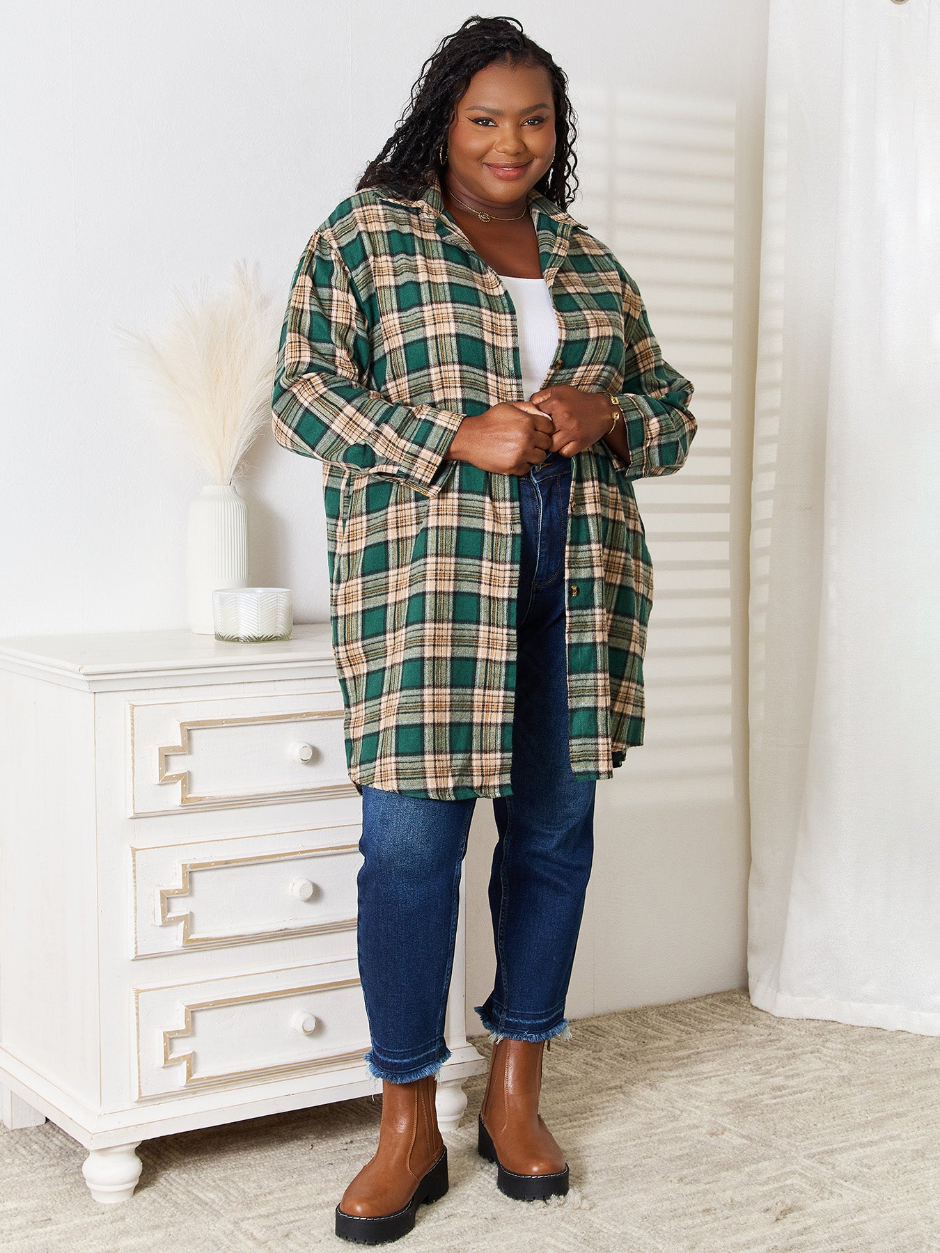 Mandy Plaid Collared Neck Long Sleeve Shirt 551bc40052434c93931b5edc181a65b7-Max