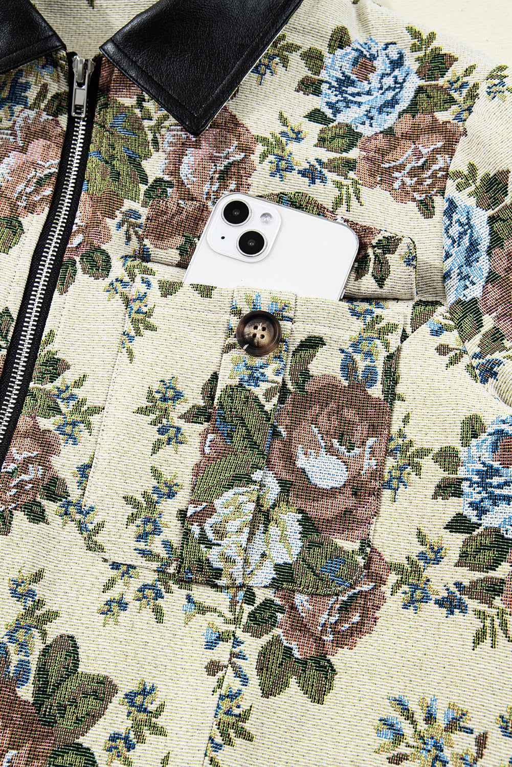 Khaki Floral Print Zip Up Contrast Collared Jacket 551c50fcbe06c9fb