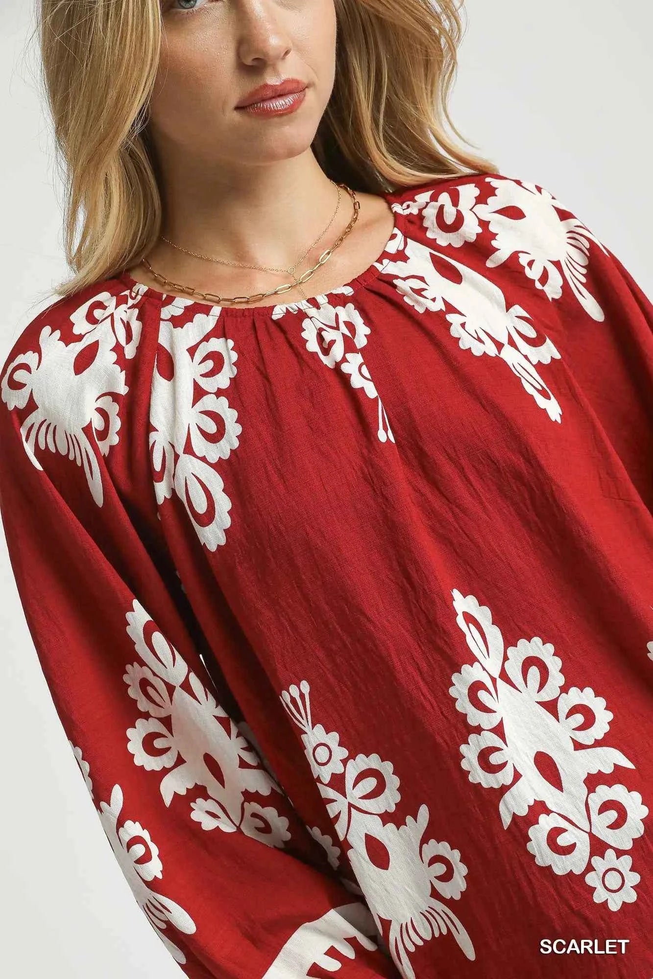 Two Tone Border Print Top with Balloon Sleeves 551e45b1-9622-4c10-9916-4dacd679e92d-Max-Origin
