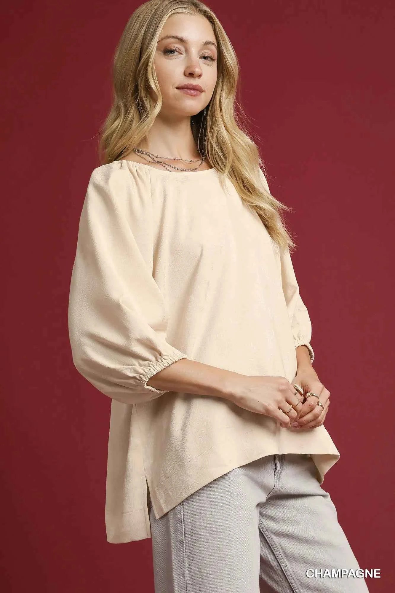 Umgee Satin Jacquard Balloon Sleeve Blouse 5524f64e-3540-49b1-9f4a-2e46862369d9-Max-Origin