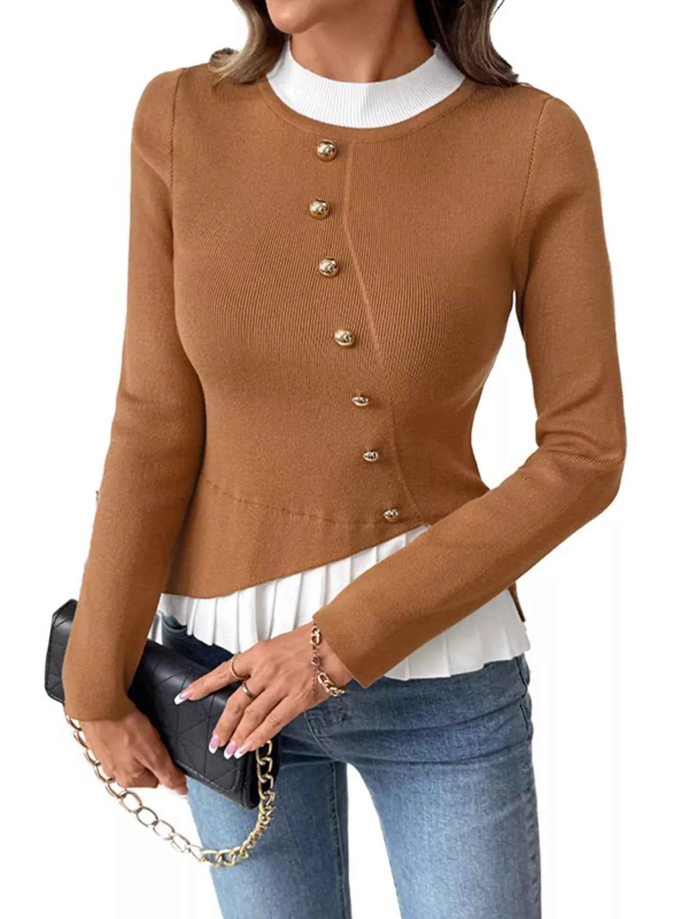 Decor Button Contrast Hem Knit Top
