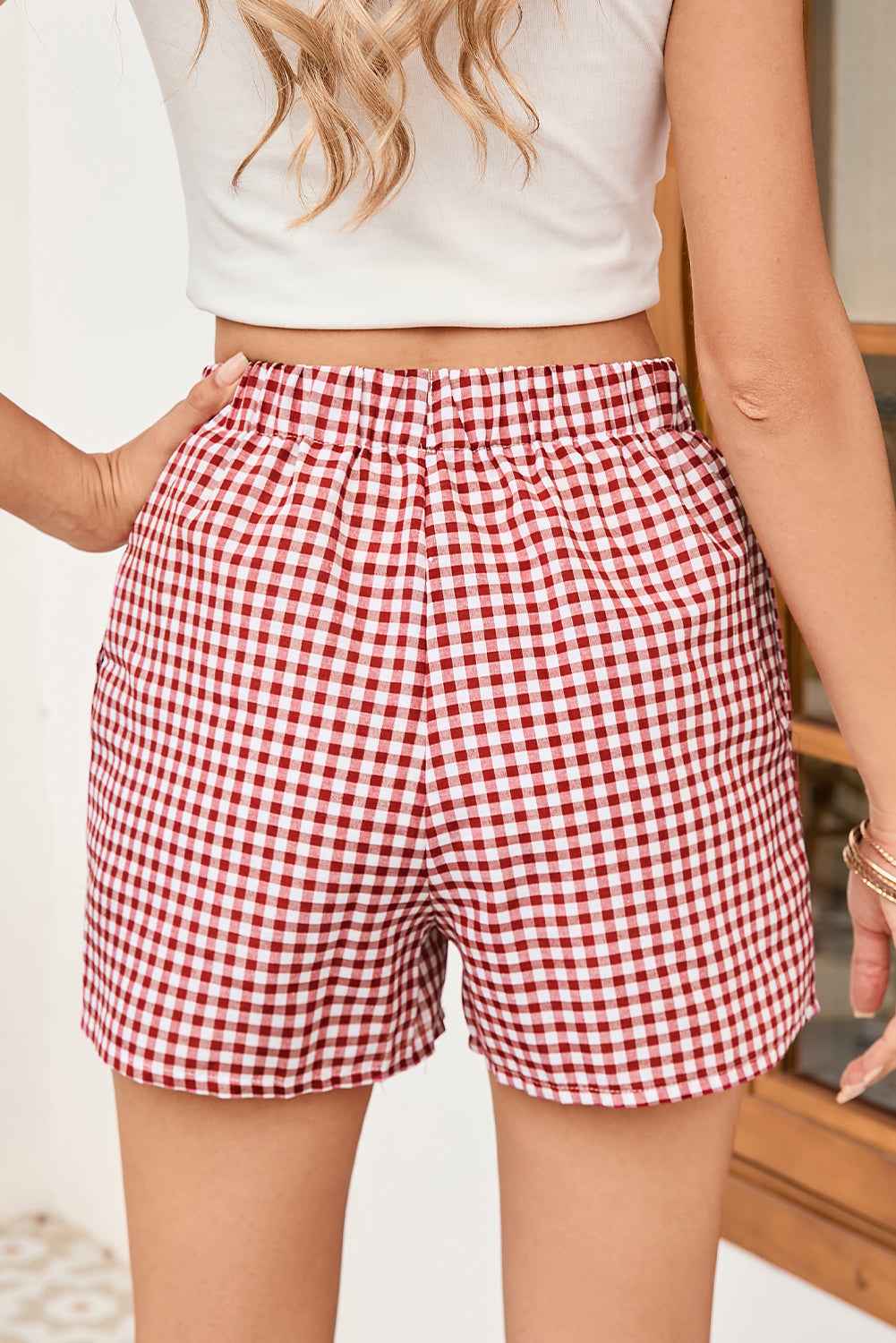 Red Vintage Plaid Print High Waisted Loose Wide Leg Shorts 553236743f922a4c