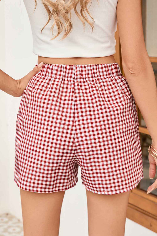 Red Vintage Plaid Print High Waisted Loose Wide Leg Shorts Red Stripe 553236743f922a4c