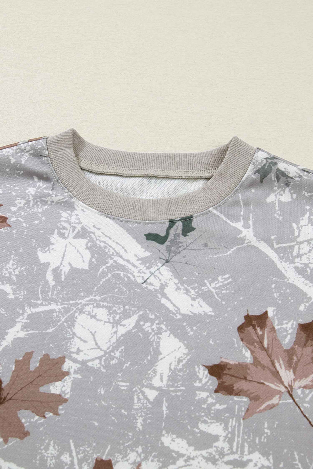 Gray Maple Leaf Camo Print Varsity Striped Sleeve Casual Sweatshirt 5535a3a245500e46