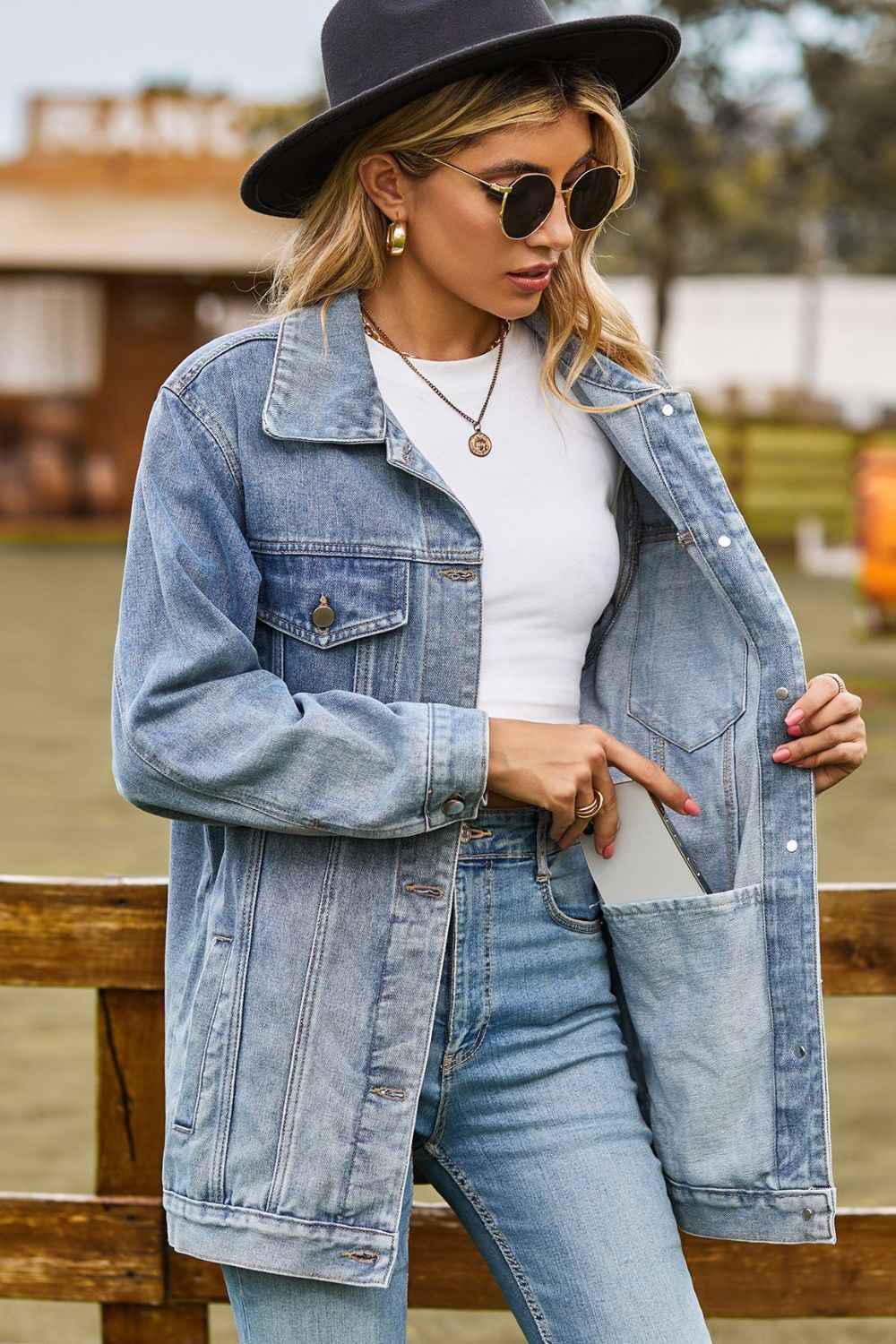 Buttoned Collared Neck Denim Jacket with Pockets 5535c61b05b645f6a4101a62efb666ad-Max