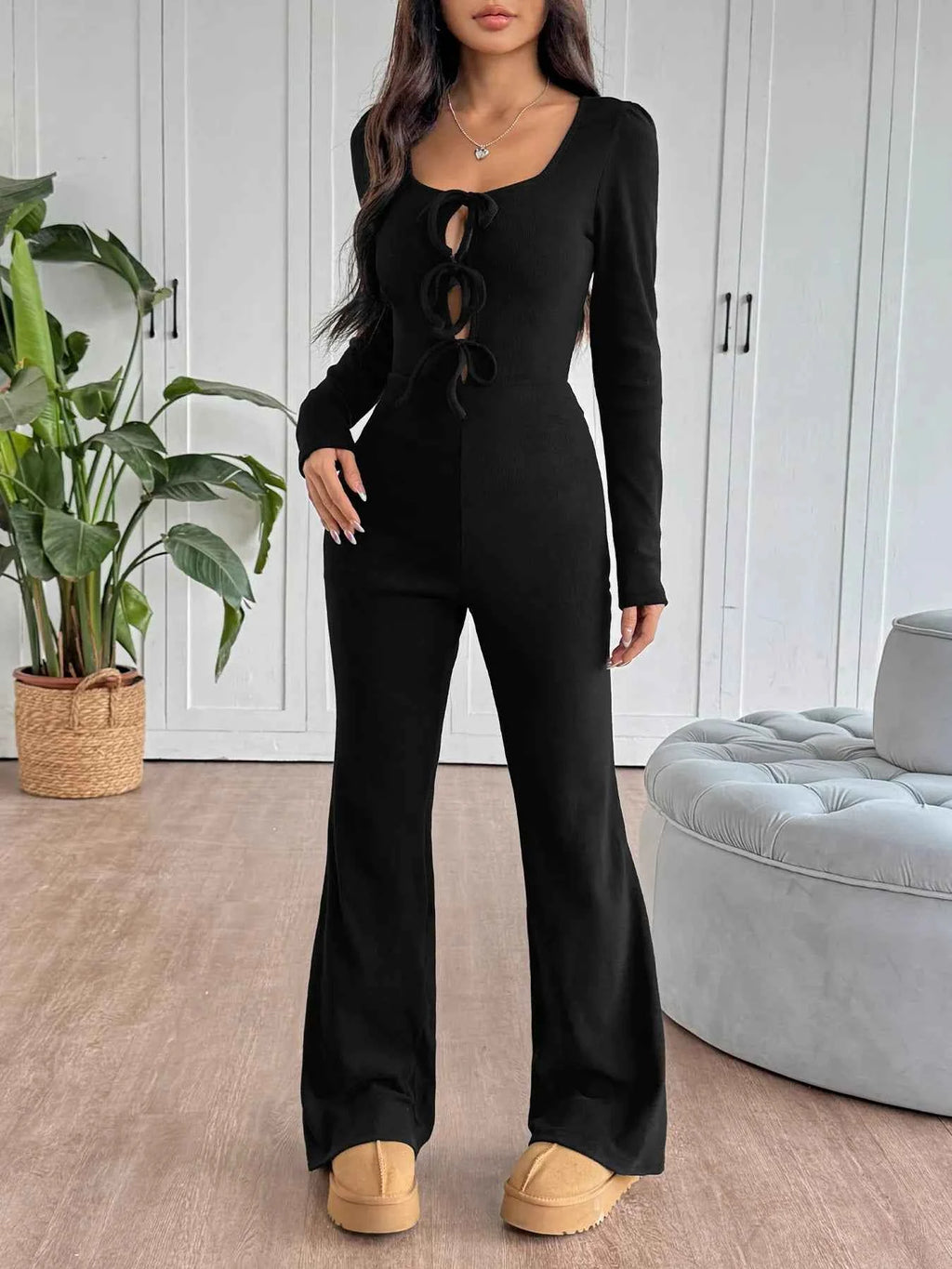 Tie Front Long Sleeve Flare Jumpsuit Black 55366359118048fba64d4b3d009f443a-Max-Origin