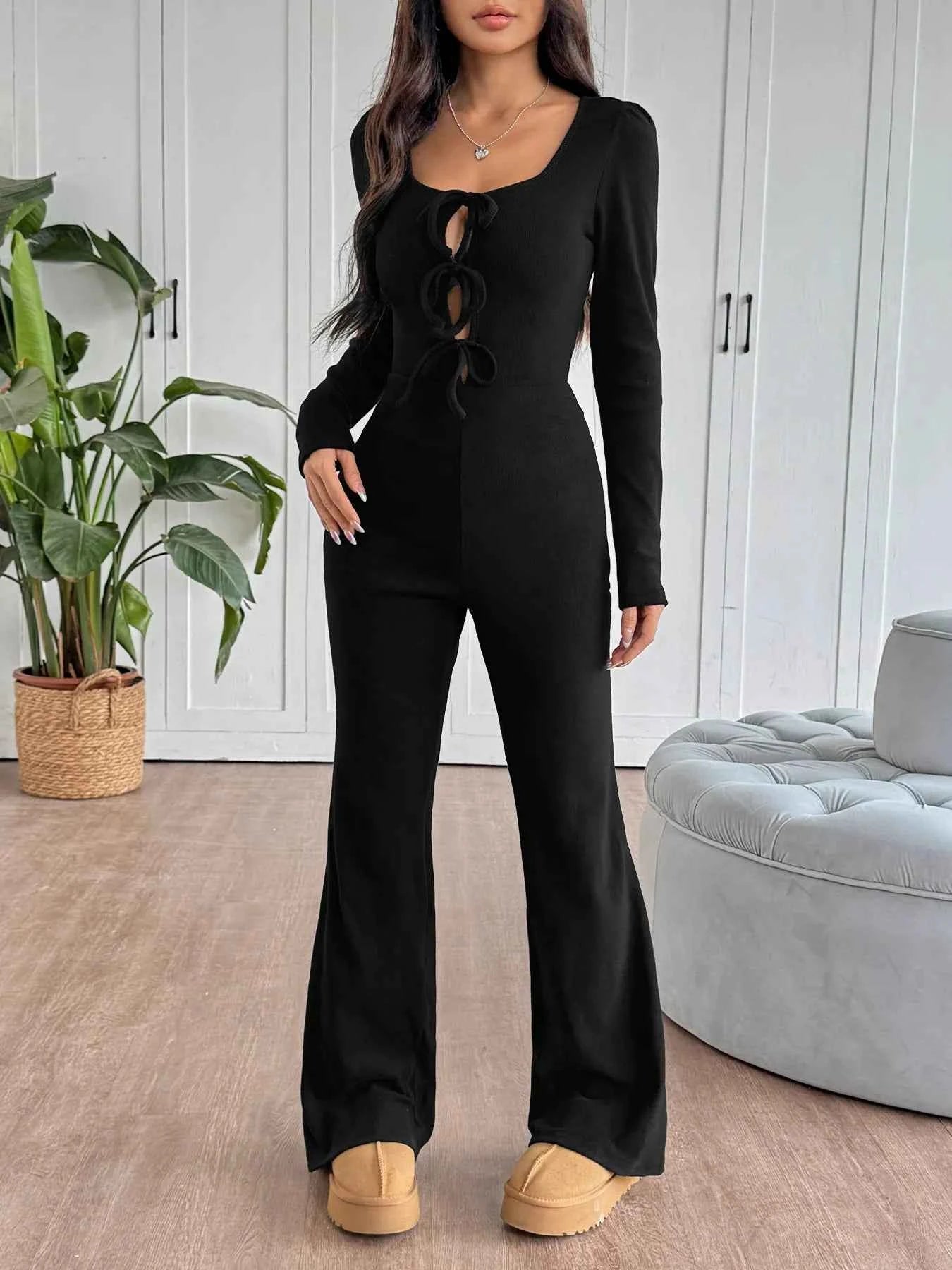 Tie Front Long Sleeve Flare Jumpsuit Black 55366359118048fba64d4b3d009f443a-Max-Origin