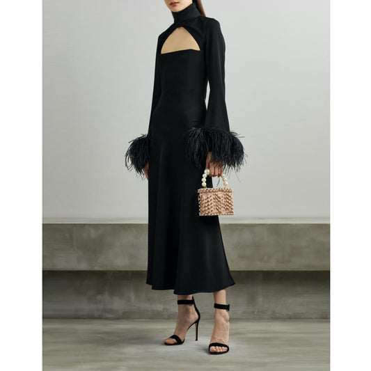 Black Ostrich Feather Sleeve Midi Dress