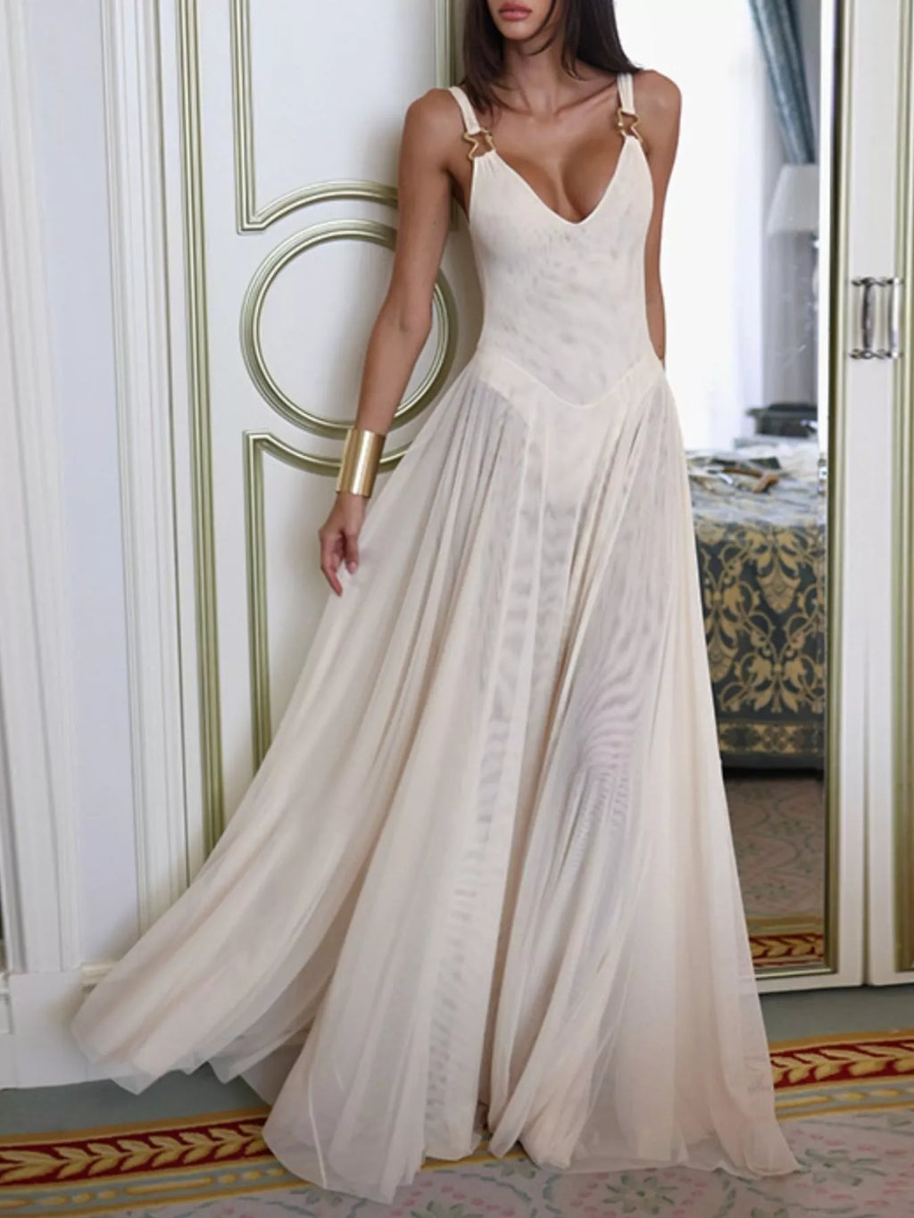Sleeveless Sheer Maxi Dress with Gold Hardware Detail White 55407ea4-e715-4958-8913-504986901e0d-Max-Origin