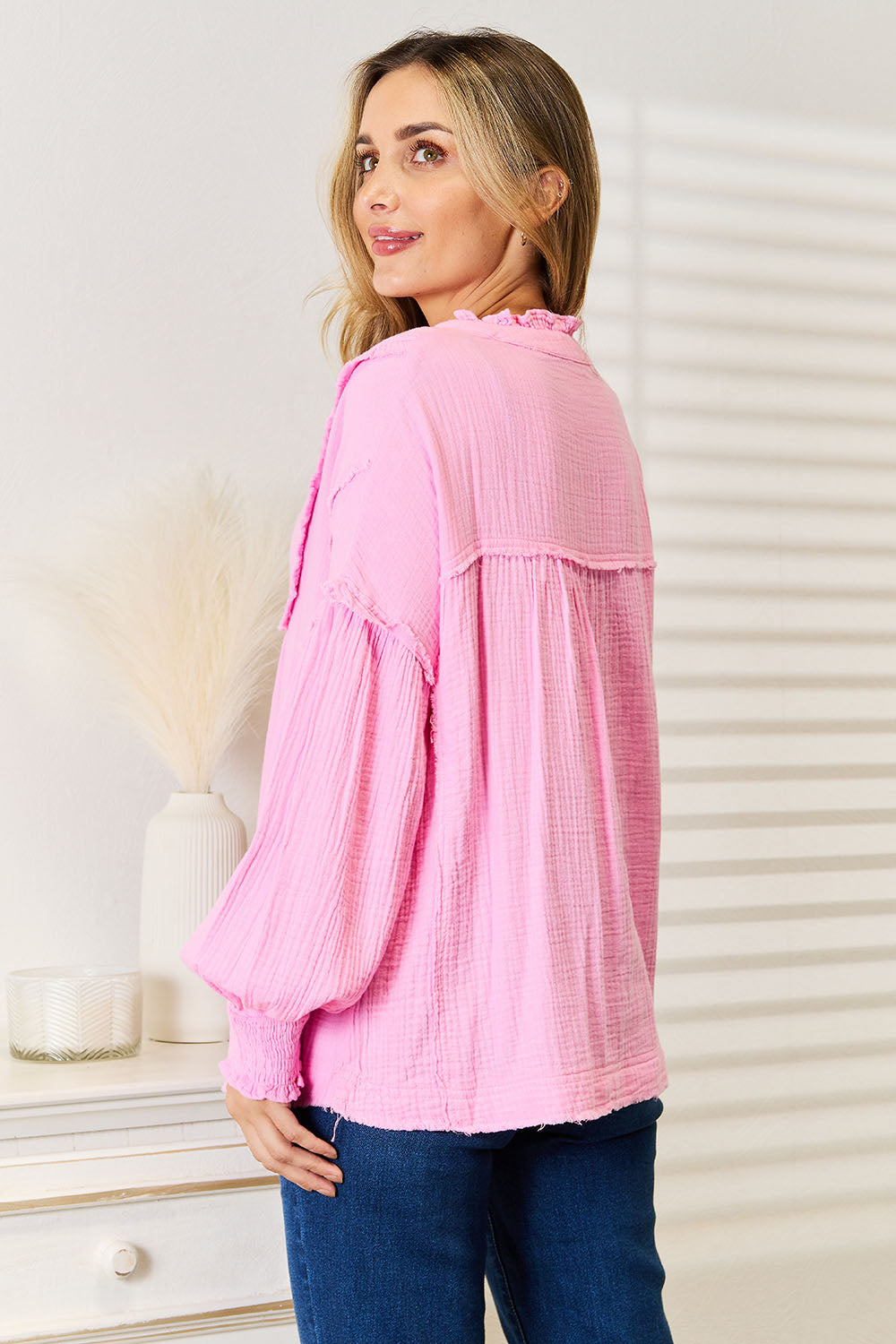 Double Take Exposed Seam Buttoned Notched Neck Blouse 55422958474c46579ae731170bf64527-Max