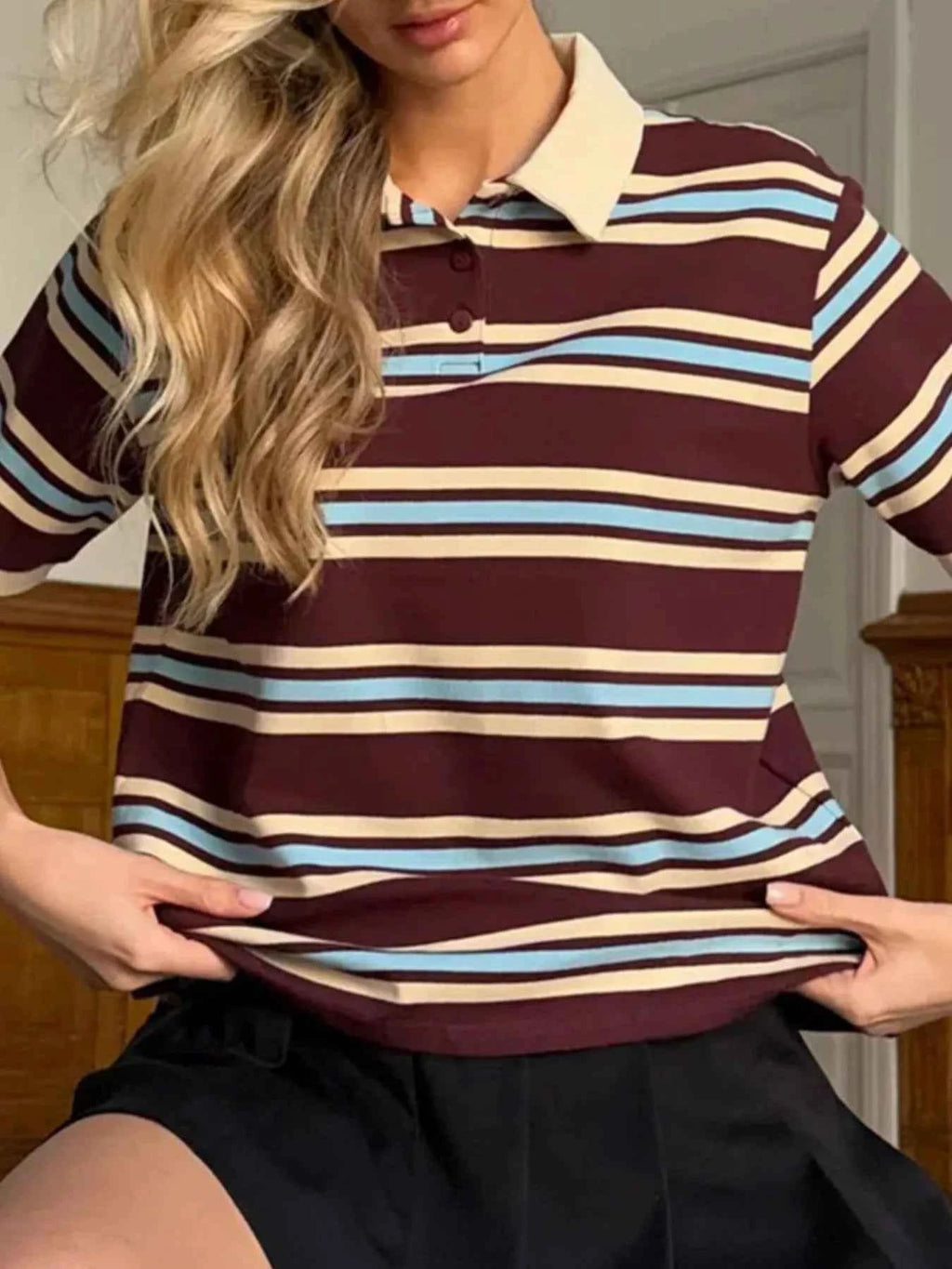Striped Polo T-Shirt with Contrast Collar 5543043b-dd6f-404d-a5cc-08ff6f7ef035-Max-Origin